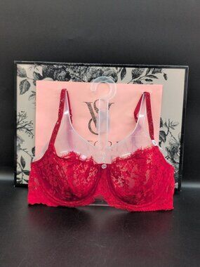 Victoria Secret Twinkle Lace Unlined Balconette Bra 34C Bright Vermillion